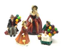 A group of four Royal Doulton figurines, comprising Margery HN1413, The Balloon Main HN1954, The Old