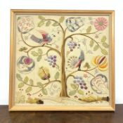 A mid/late 20th century framed needlework picture, depicting birds upon a blossoming tree, H48cm L50