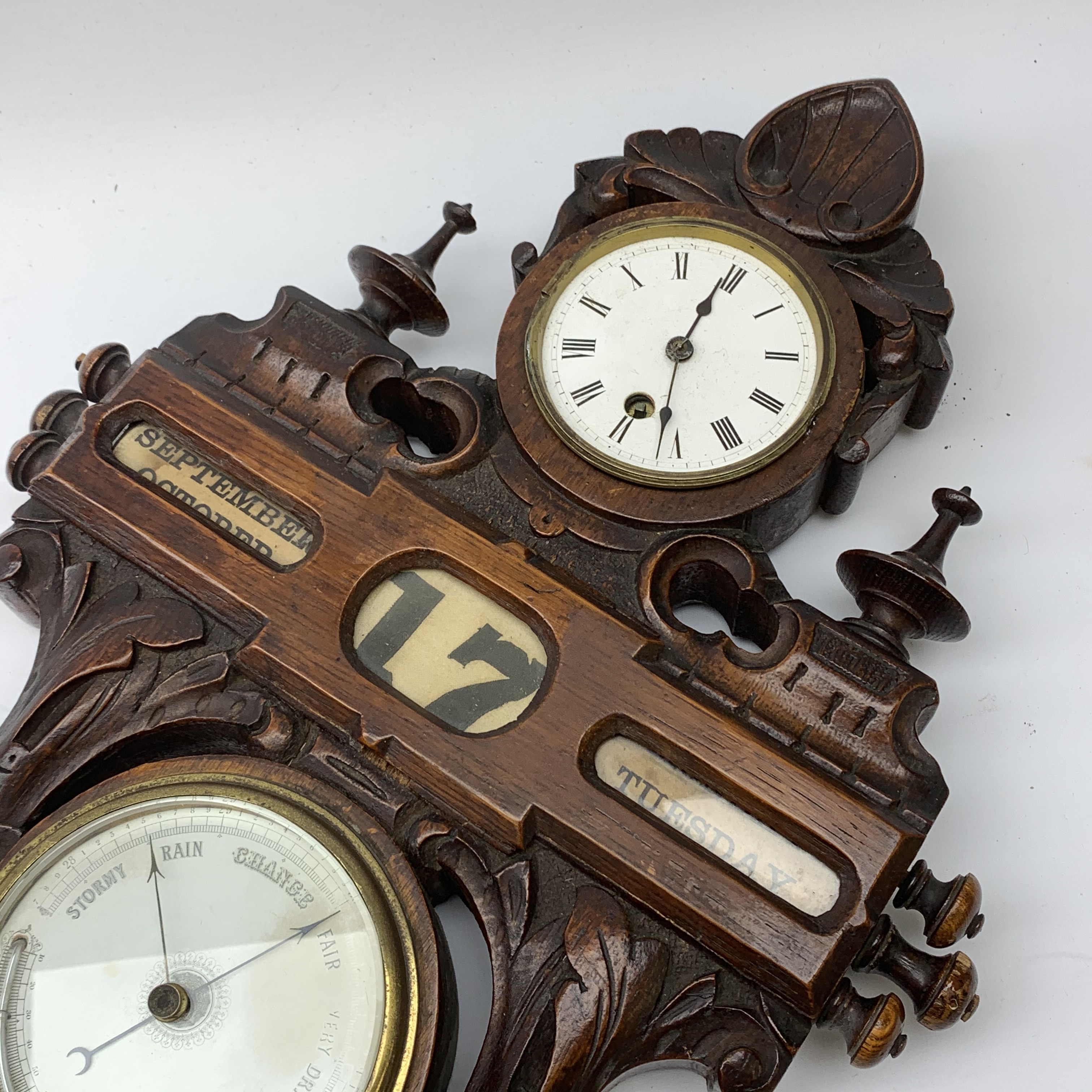 A late 19th century oak wall hanging combination clock, barometer and perpetual calendar, the 8.5cm - Image 3 of 3