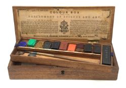 A Victorian mahogany artists paint box by Charles, Roberson & Co, the lid stamped 'Department of Sci