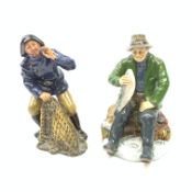 Two Royal Doulton figurines, A Good Catch HN1965, and Sea Harvest HN2357, each with green printed ma