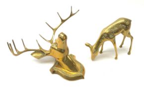 A brass wall mounted stags head, H29cm, together with a brass model of a fawn, H17cm.