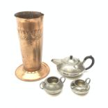 A large copper Arts and Crafts style vase, H34cm, together with an English planished pewter tea set,