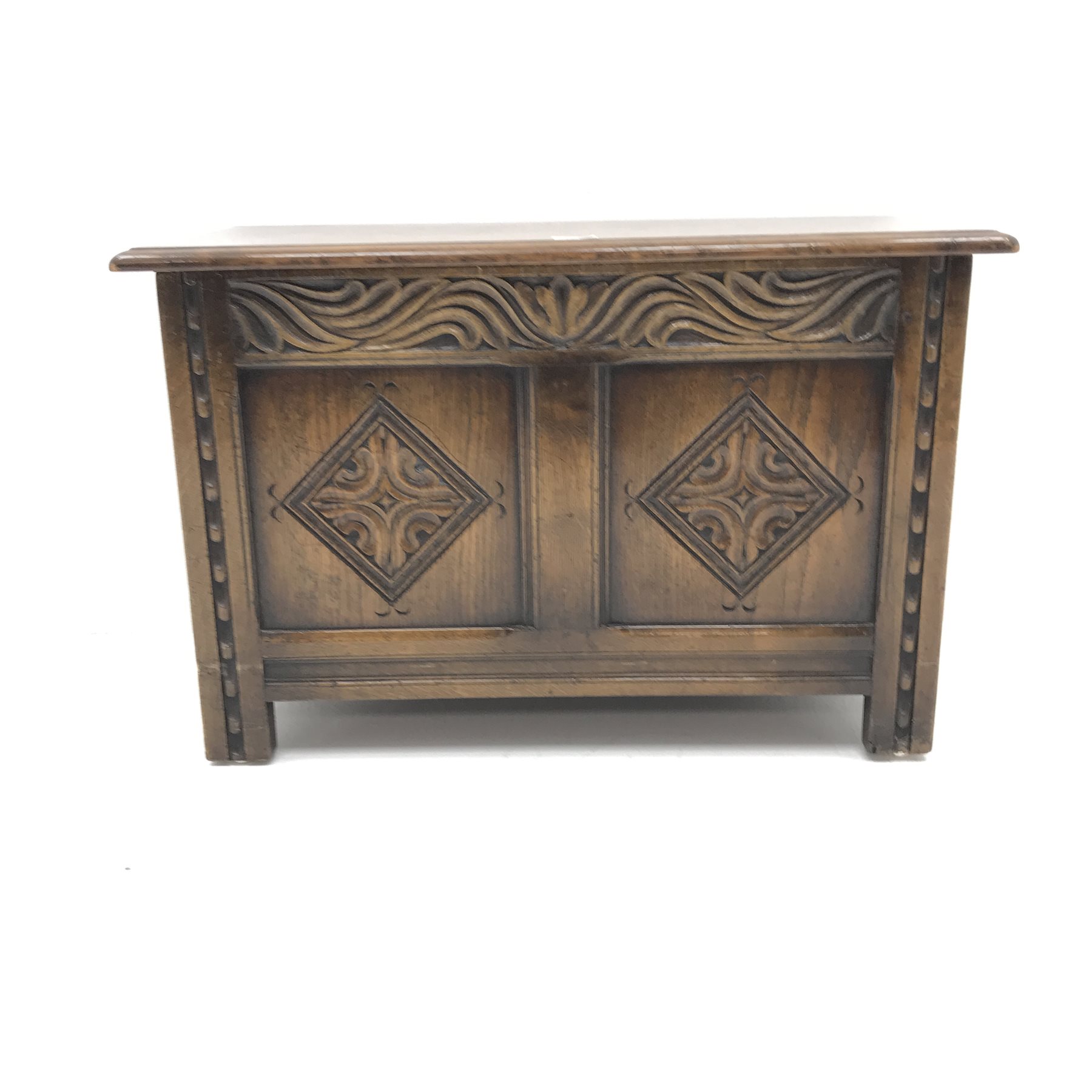 Small 20th century medium oak blanket box, single hinged lid, carved front stile supports, W76cm, H5 - Image 2 of 4