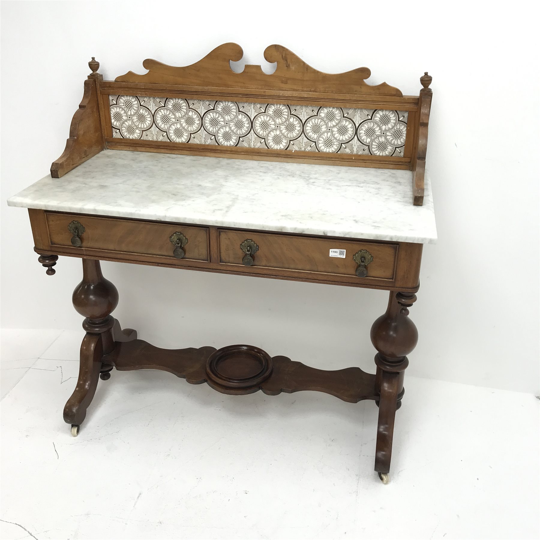 Victorian mahogany washstand, raised shaped back, marble top, two drawers, turned supports joined by - Image 3 of 5