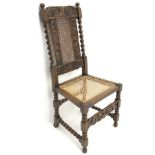 Victorian carved oak hall chair, barley twist sides, cane work back and seat, turned supports with b