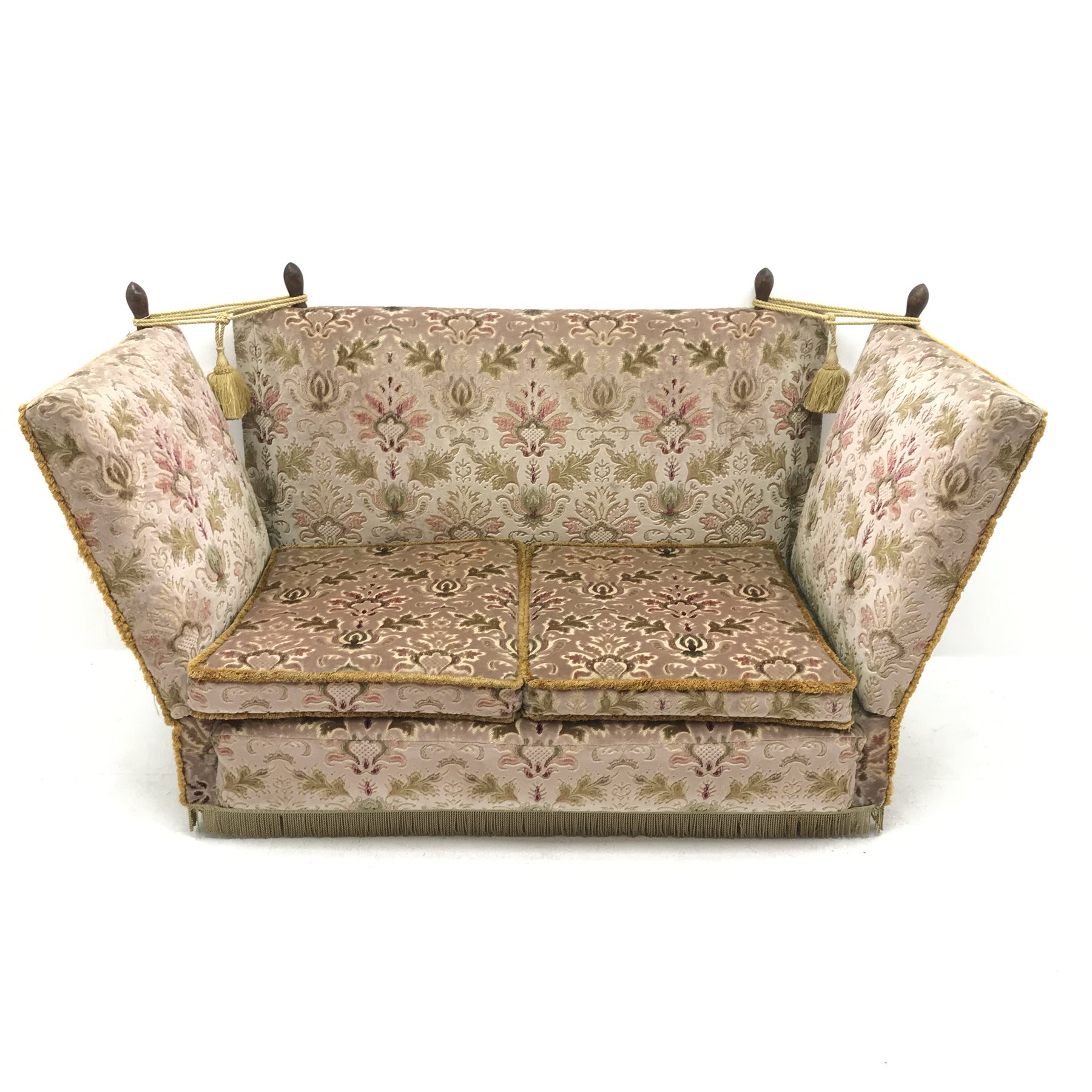 Traditional two seat Knoll style sofa, upholstered in a beige ground fabric, W163cm