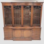 Wade Georgian style mahogany breakfront bookcase display cabinet, projecting cornice, dentil frieze,