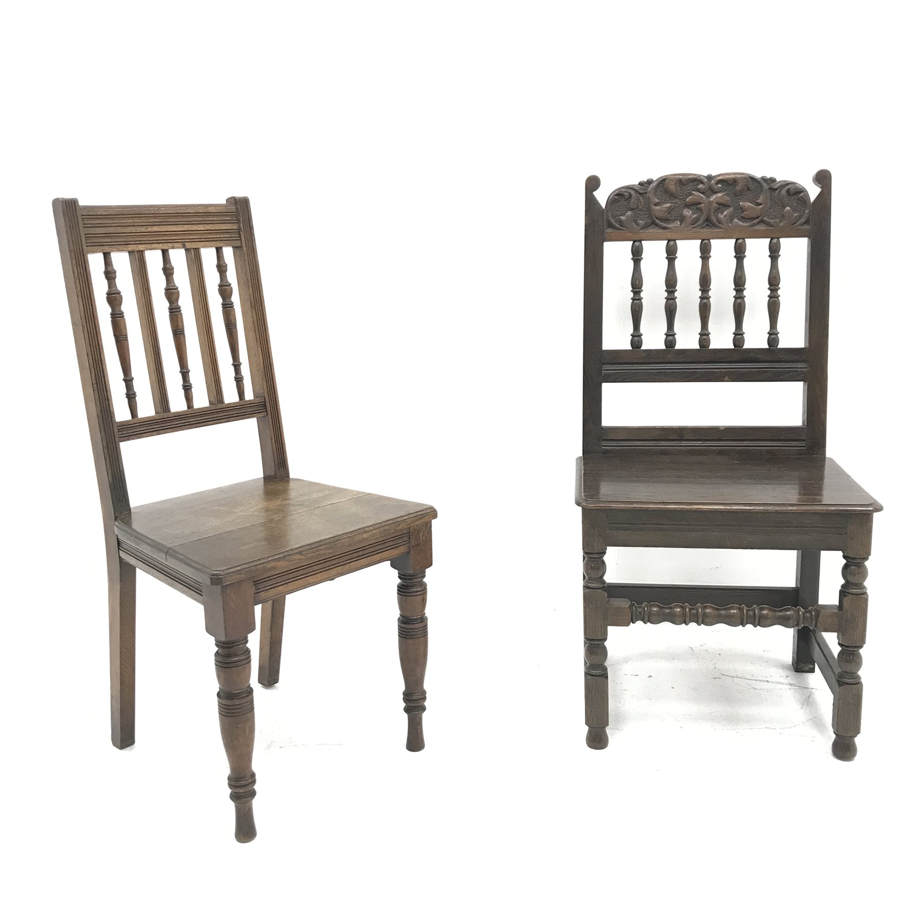 Victorian oak hall chair, carved cresting rail, solid seat (W49cm) and another similar chair (2)