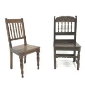 Victorian oak hall chair, carved cresting rail, solid seat (W49cm) and another similar chair (2)