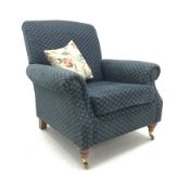 Marks and Spencers Howard style armchair upholstered in blue fabric on turned front supports with br