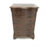 Small Georgian style mahogany cross banded serpentine chest, four drawers, shaped bracket supports,