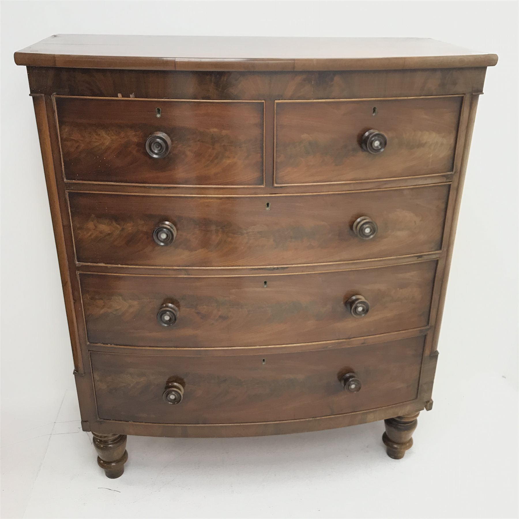 Victorian mahogany bow front chest, two short and three long drawers, turned supports, W113cm, H132c - Image 2 of 5