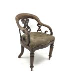 Victorian mahogany framed tub shaped desk chair, upholstered seat, turned supports, W57cm