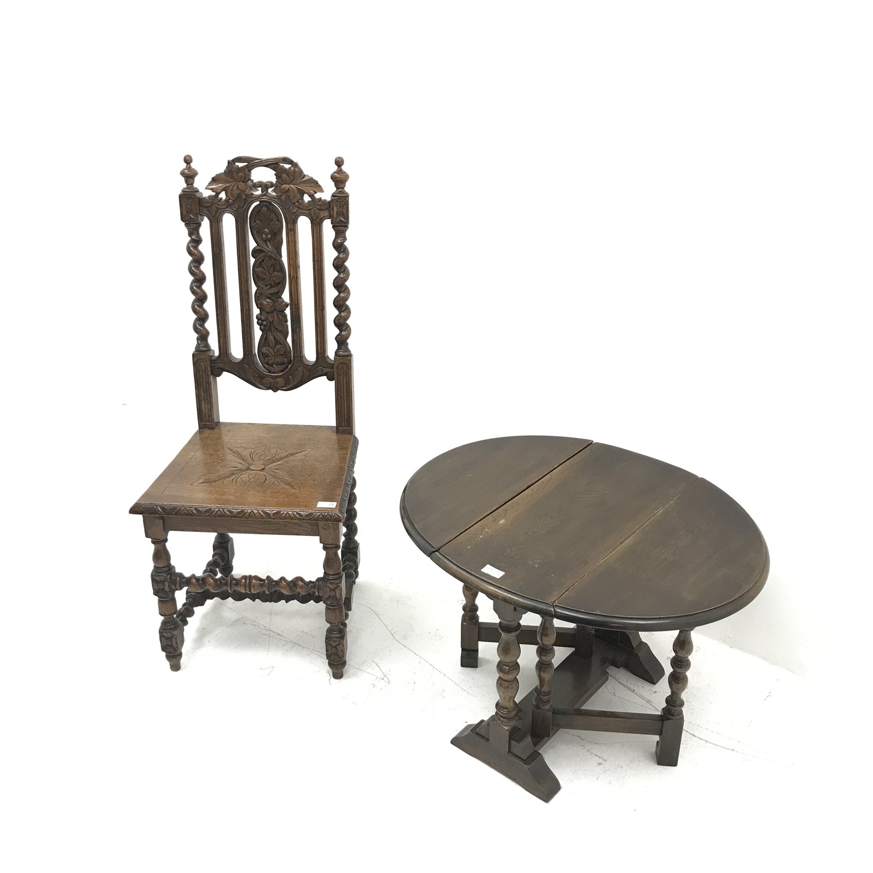 Victorian oak heavily carved hall chair, barley twist supports, solid seat (W46cm) and a small oak d - Image 2 of 6