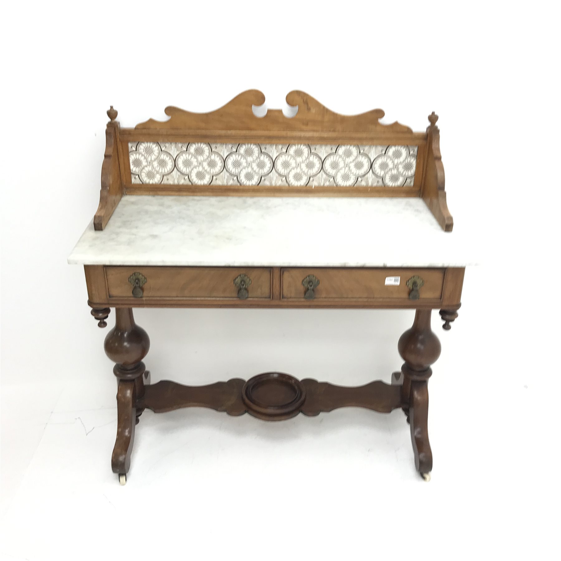 Victorian mahogany washstand, raised shaped back, marble top, two drawers, turned supports joined by - Image 2 of 5