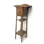 Arts & Crafts oak shaving stand, raised shaped back, singe drawer enclosing mirror above cupboard, s