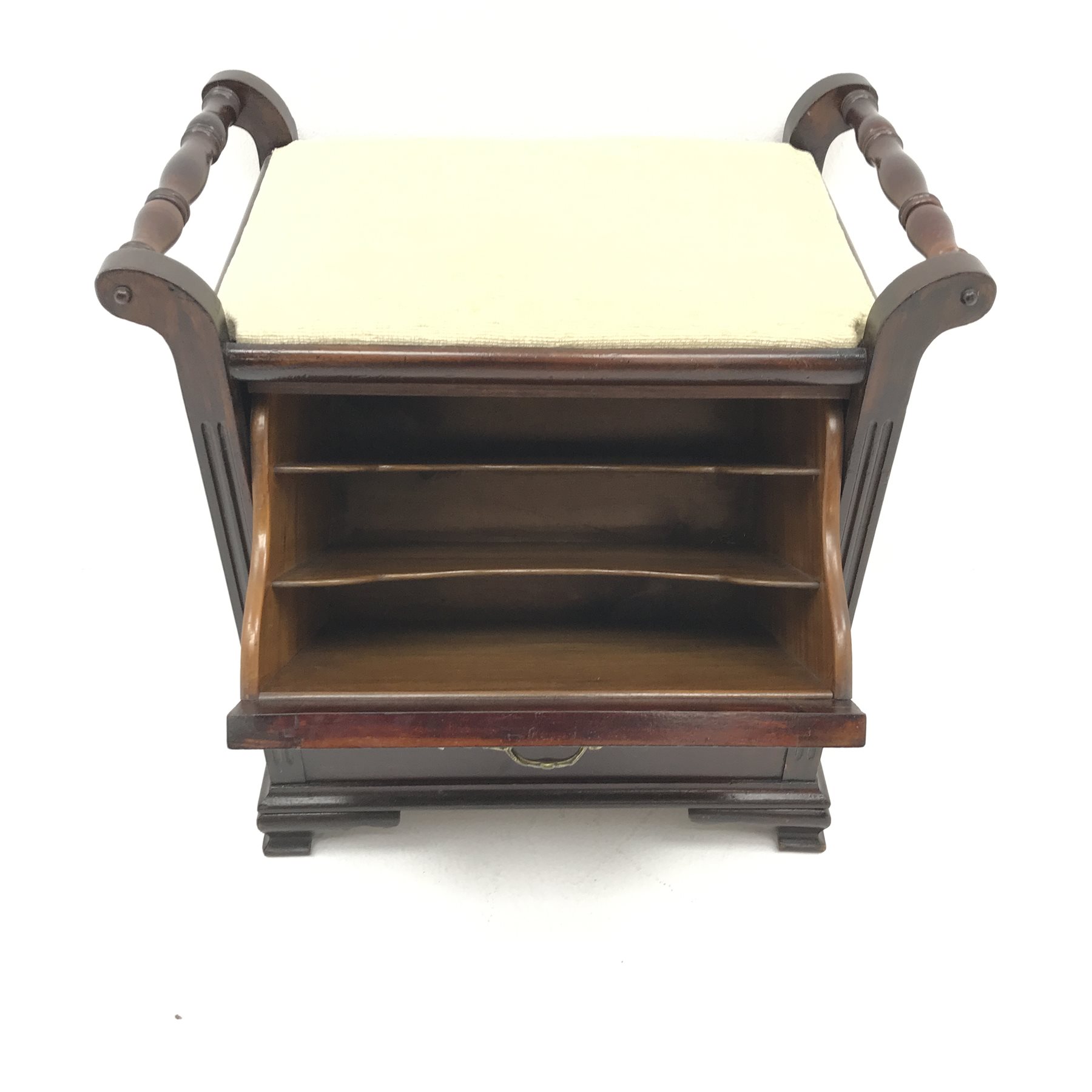 Edwardian walnut piano stool, turned rails, upholstered seat, carved fall front, shaped bracket supp - Image 3 of 3