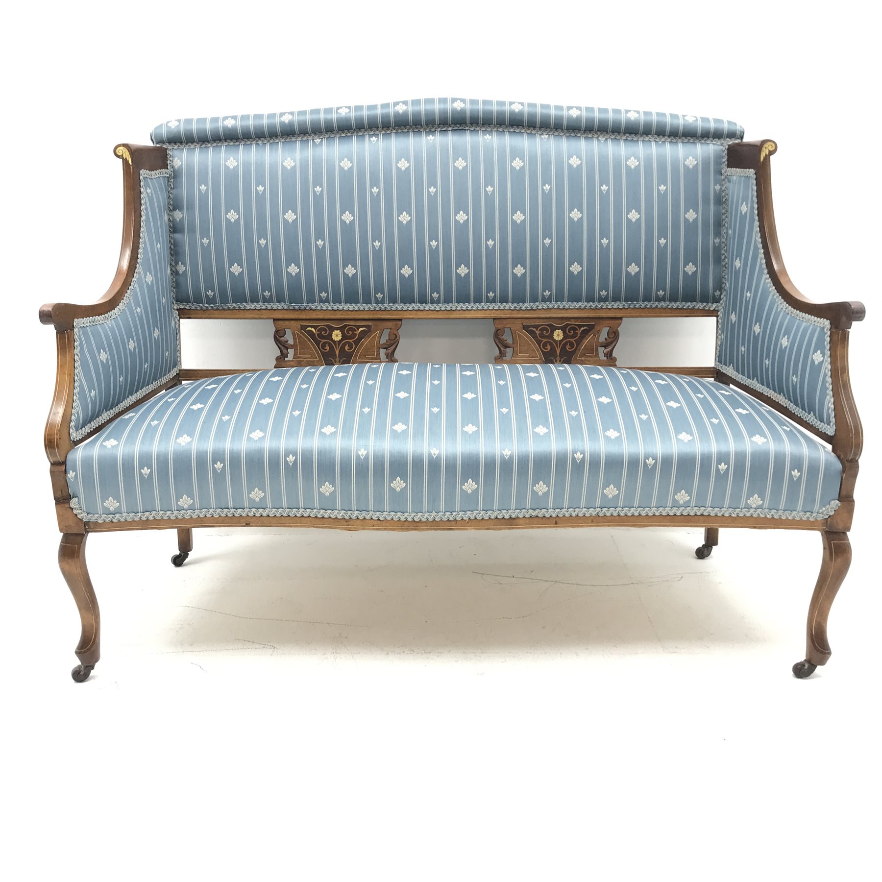 Edwardian inlaid mahogany framed two seat sofa, upholstered in a blue striped fabric, scrolled arms, - Image 3 of 3