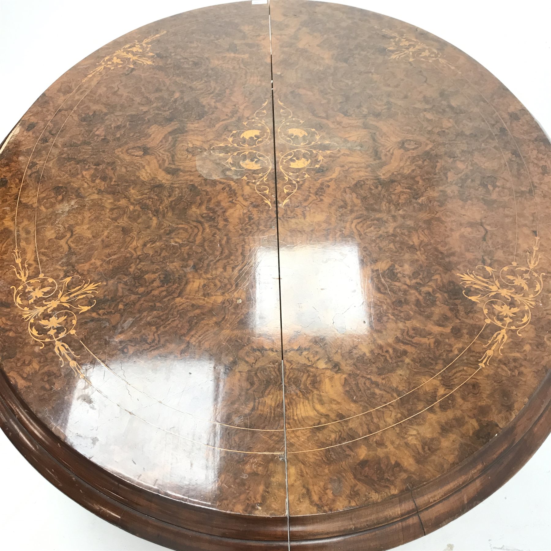 Victorian inlaid oval tilt top table, quadruple turned support with central finial on four acanthus - Image 6 of 6