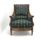 French Empire style beech framed armchair, upholstered in a green studded fabric, turned supports, W