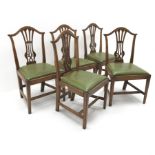 Set five Hepplewhite style country elm chairs, upholstered drop in seat, square tapering supports, W
