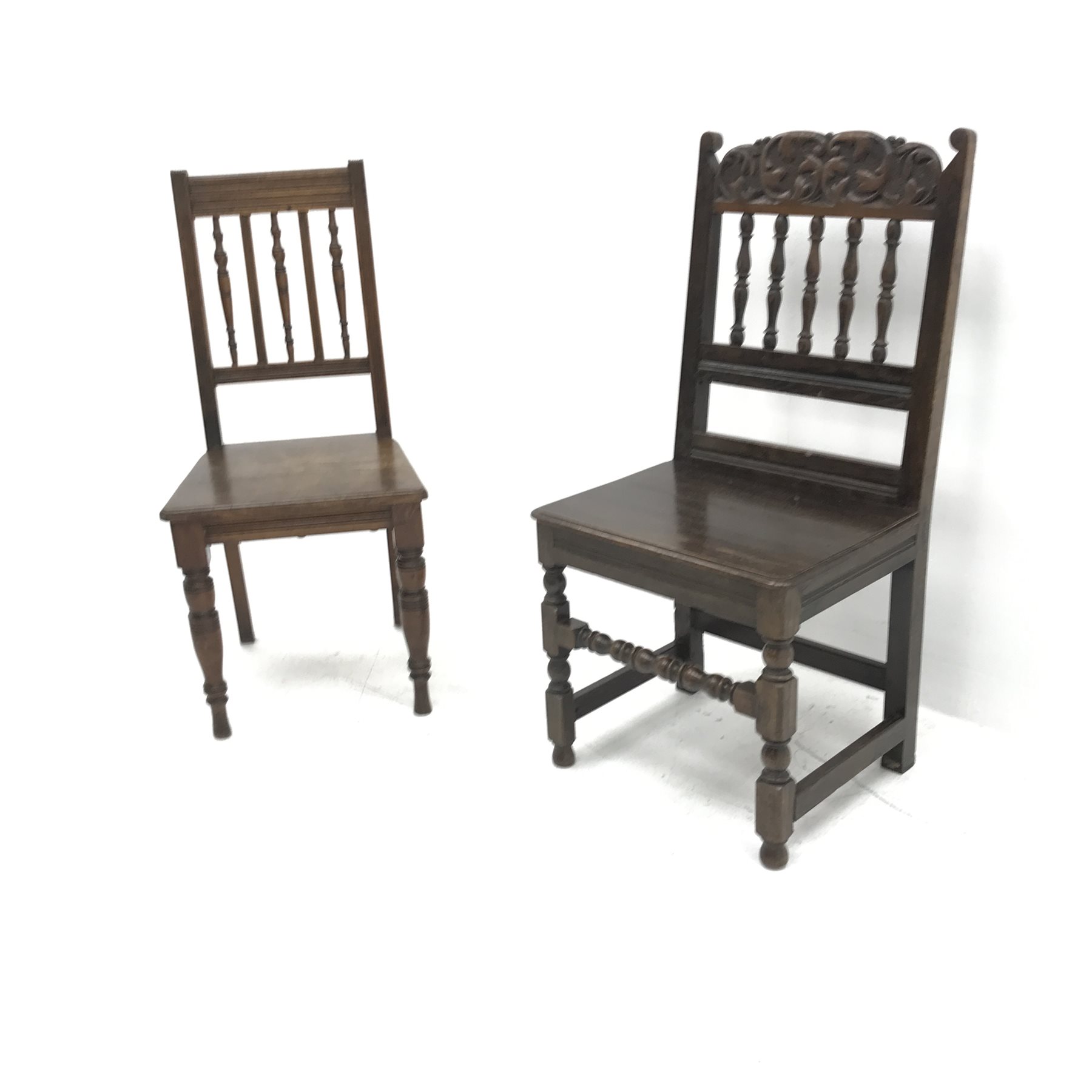 Victorian oak hall chair, carved cresting rail, solid seat (W49cm) and another similar chair (2) - Image 2 of 4