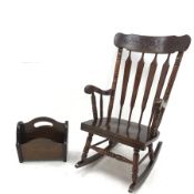 Victorian style sapele framed lath back rocking chair, carved cresting rail, turned supports (W62cm)