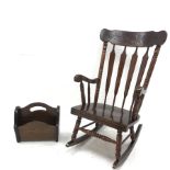 Victorian style sapele framed lath back rocking chair, carved cresting rail, turned supports (W62cm)