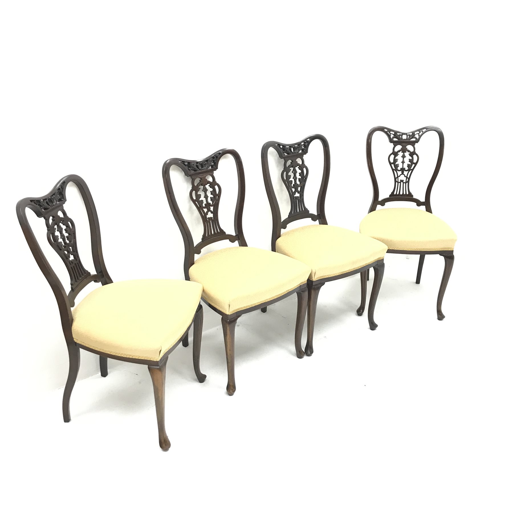 Set four late Victorian mahogany dining chairs, shaped, carved and pierced back, upholstered seat, c - Image 2 of 4