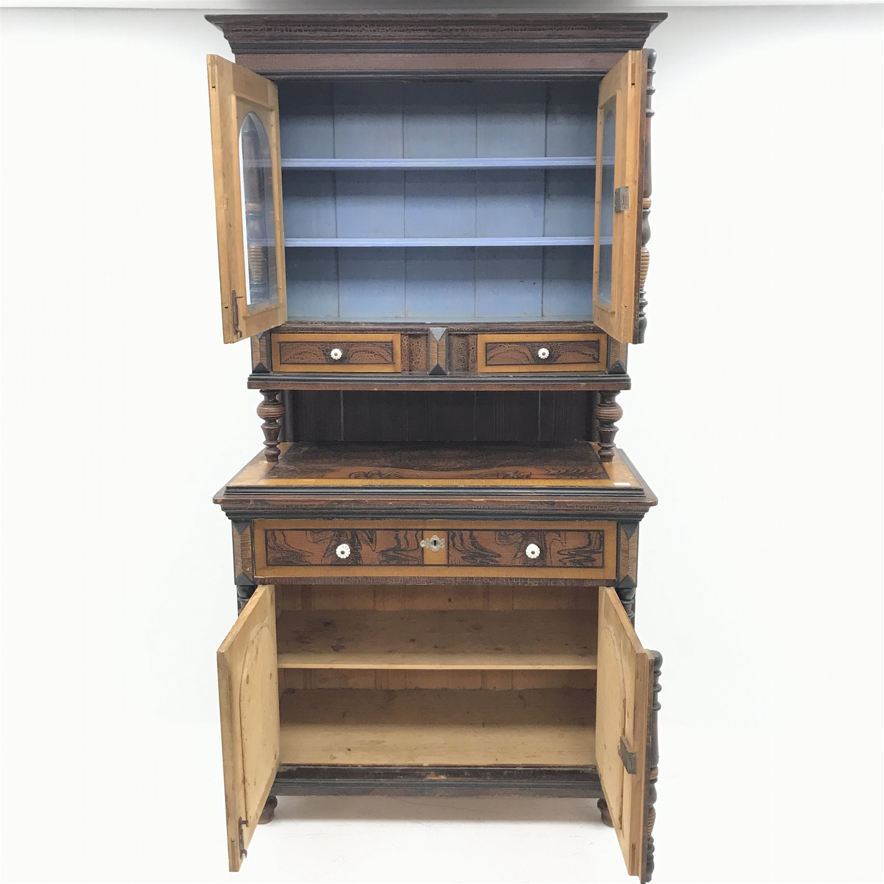 19th century scumbled pine continental side cabinet, shaped cresting rail, two glazed cupboards encl - Image 3 of 3