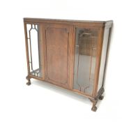 20th century mahogany bookcase display cabinet, two glazed doors flanking central cupboard, cabriole