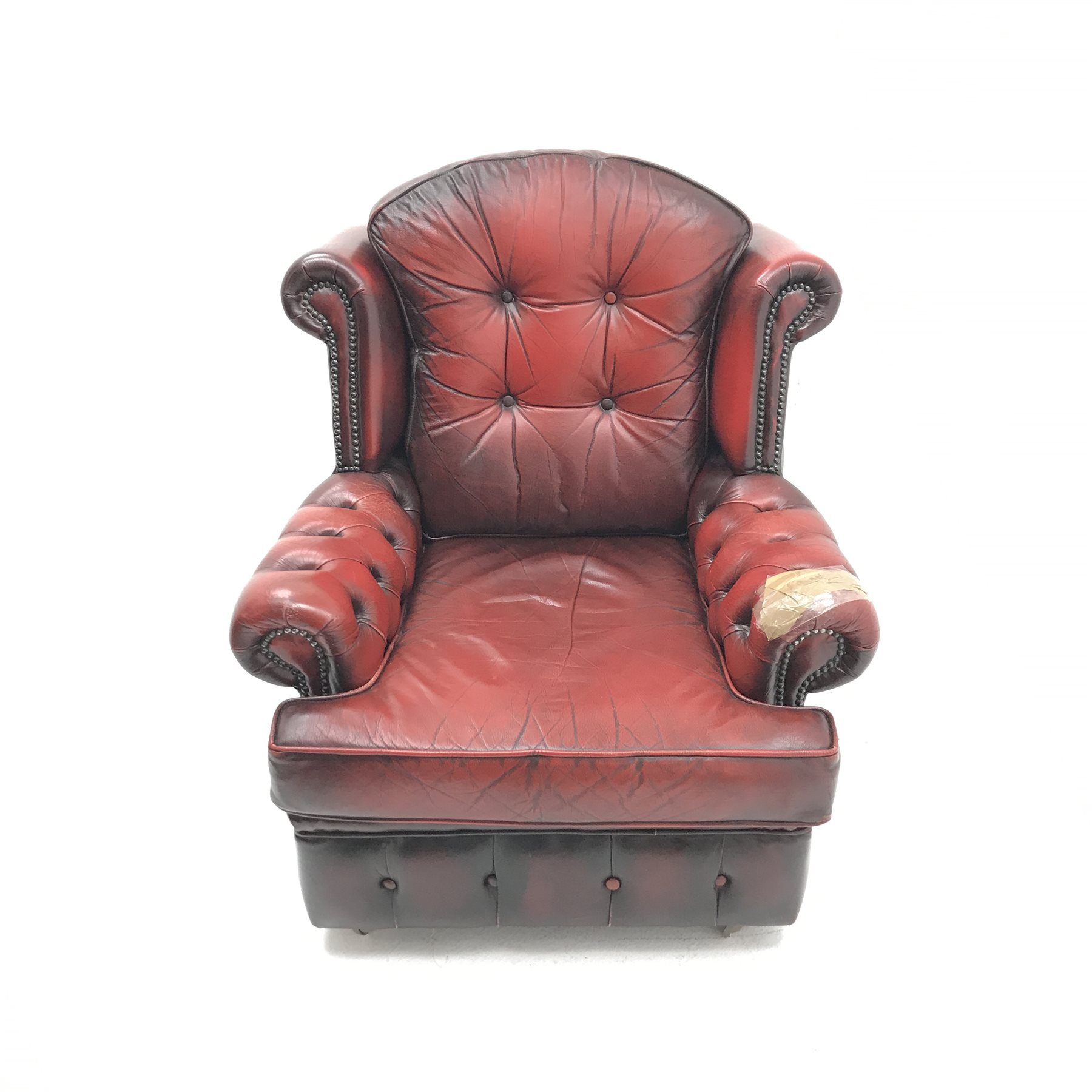 Georgian style three seat sofa upholstered in deep buttoned vintage red leather (W175cm) and pair of - Image 10 of 10