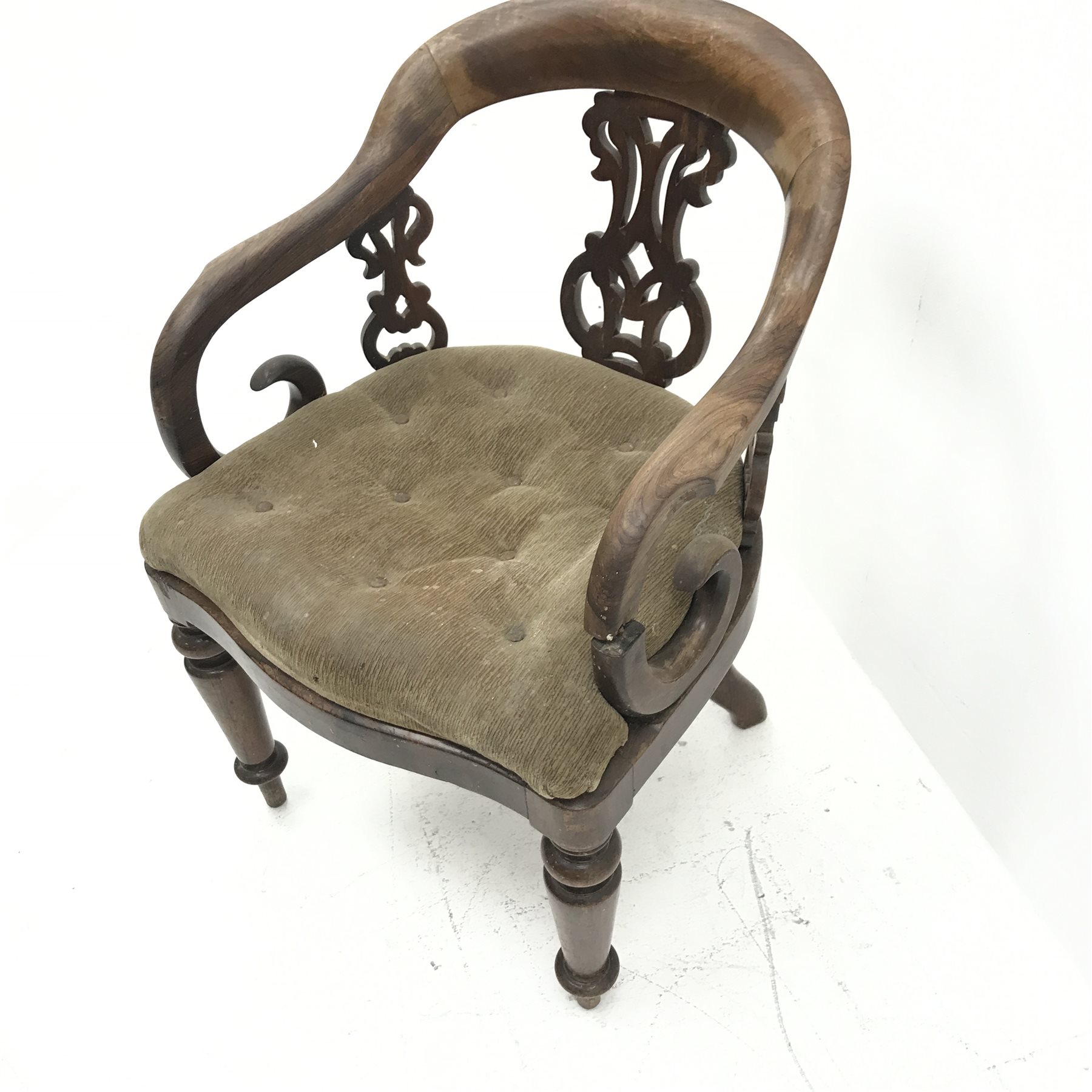 Victorian mahogany framed tub shaped desk chair, upholstered seat, turned supports, W57cm - Image 3 of 4