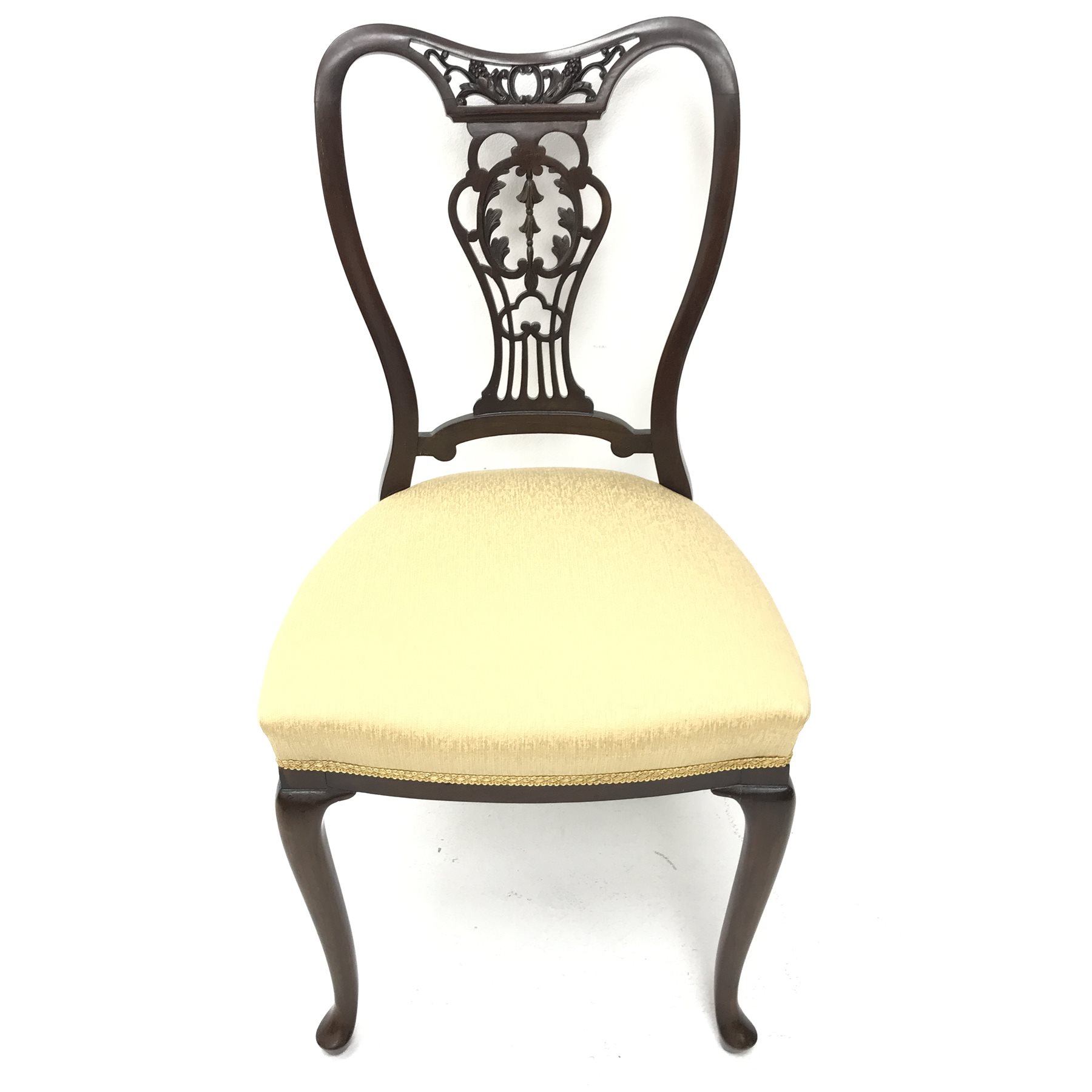Set four late Victorian mahogany dining chairs, shaped, carved and pierced back, upholstered seat, c - Image 3 of 4