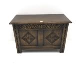 Small 20th century medium oak blanket box, single hinged lid, carved front stile supports, W76cm, H5