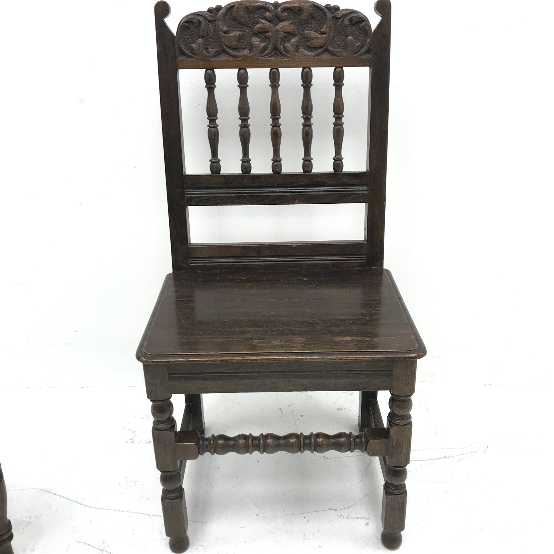 Victorian oak hall chair, carved cresting rail, solid seat (W49cm) and another similar chair (2) - Image 3 of 4