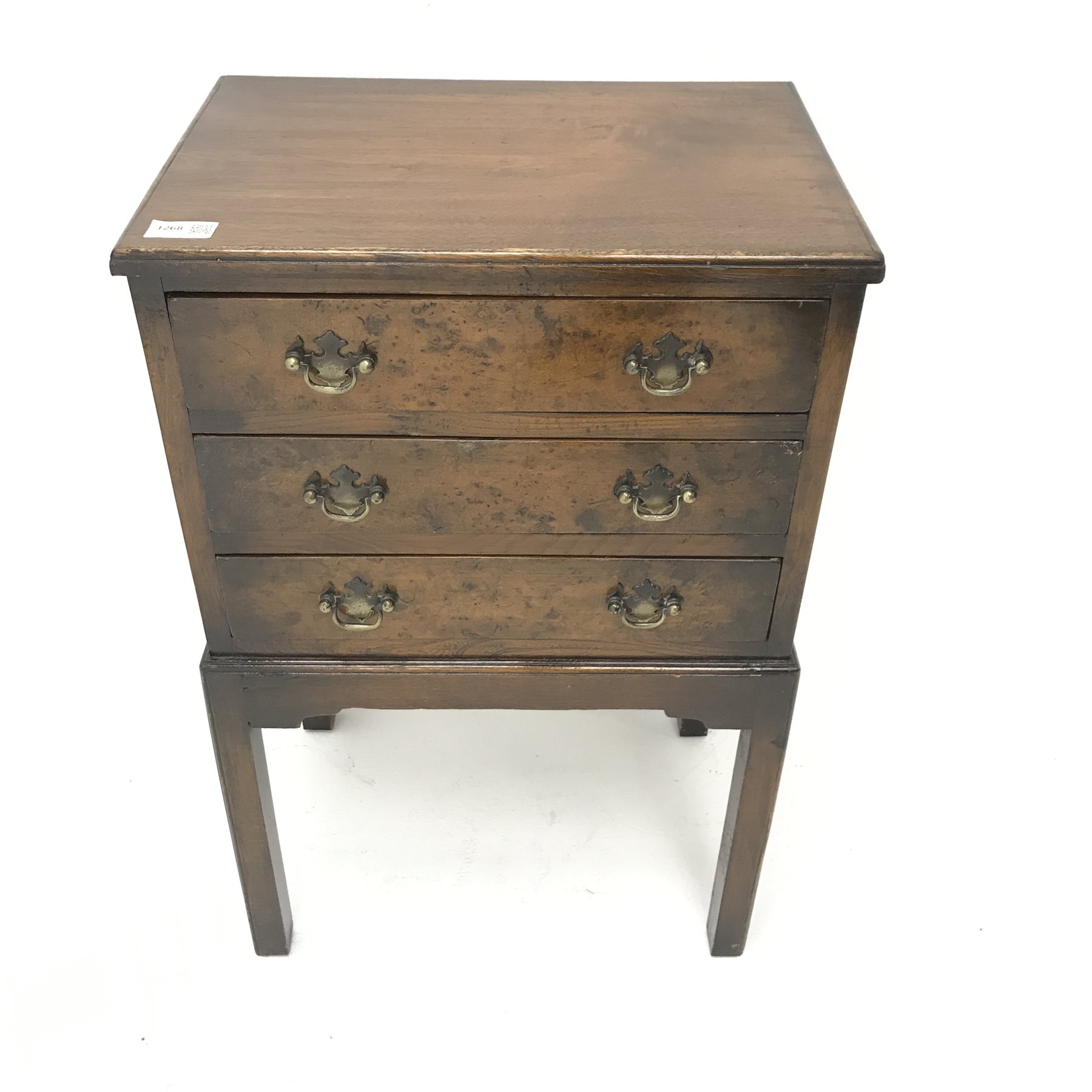 Small early 20th century mahogany chest on stand, three walnut burr veneered drawers, square suppor - Image 2 of 4