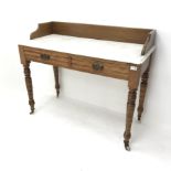 Edwardian satin walnut washstand, raised shaped back, marble top, two drawers, turned supports, W107