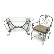 20th century wrought metal console table, shaped glass top, scrolling supports (W132cm, H69cm, D46cm