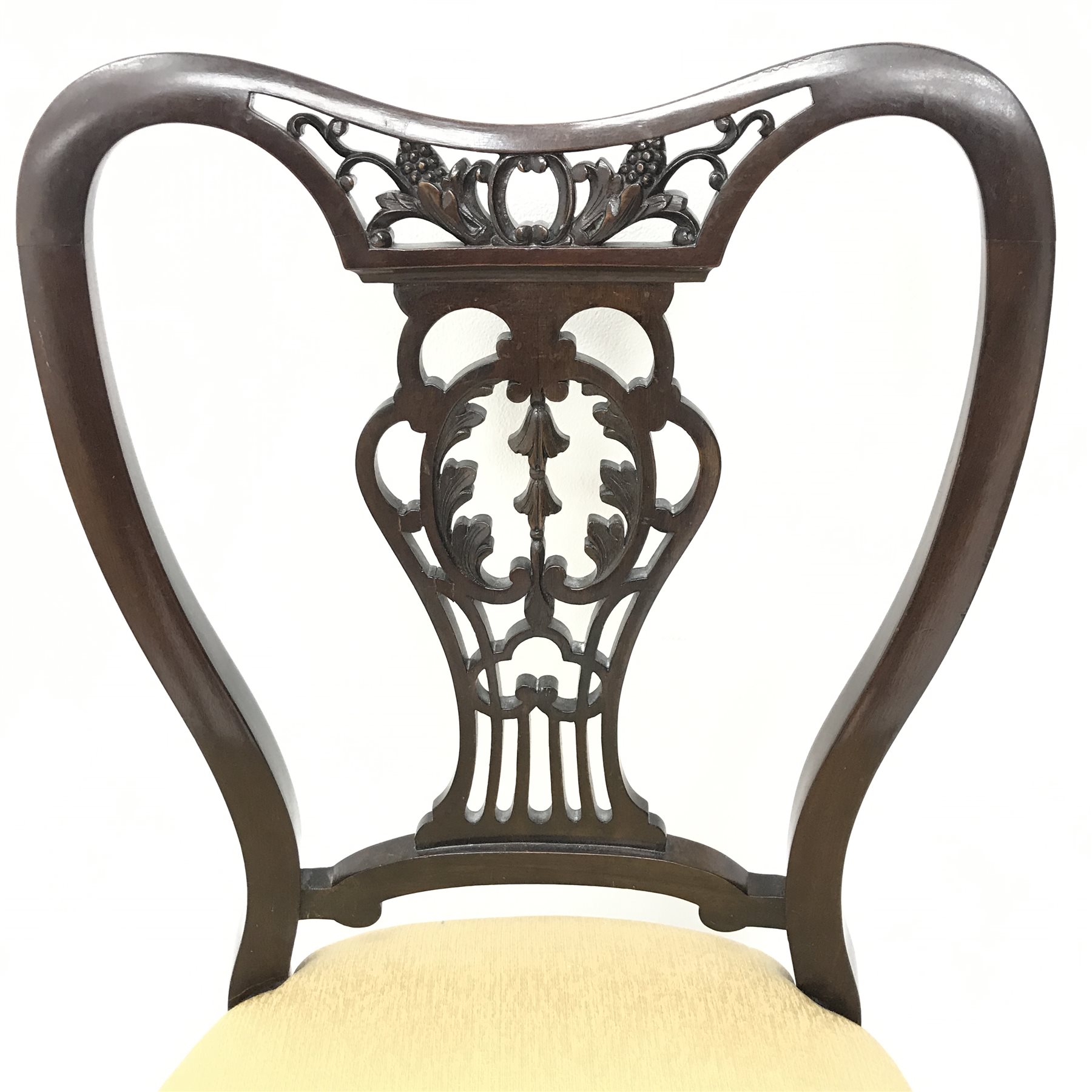 Set four late Victorian mahogany dining chairs, shaped, carved and pierced back, upholstered seat, c - Image 4 of 4