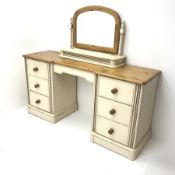 Chris Pratt painted and pine inverted breakfront twin pedestal desk, moulded top, seven drawers, pli