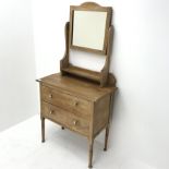 Edwardian satin walnut dressing table, raised mirror back, two drawers, turned supports, W77cm, H152