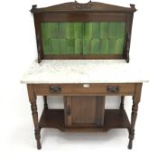 Edwardian mahogany washstand, raised tiled back, marble top above single drawer, turned supports joi