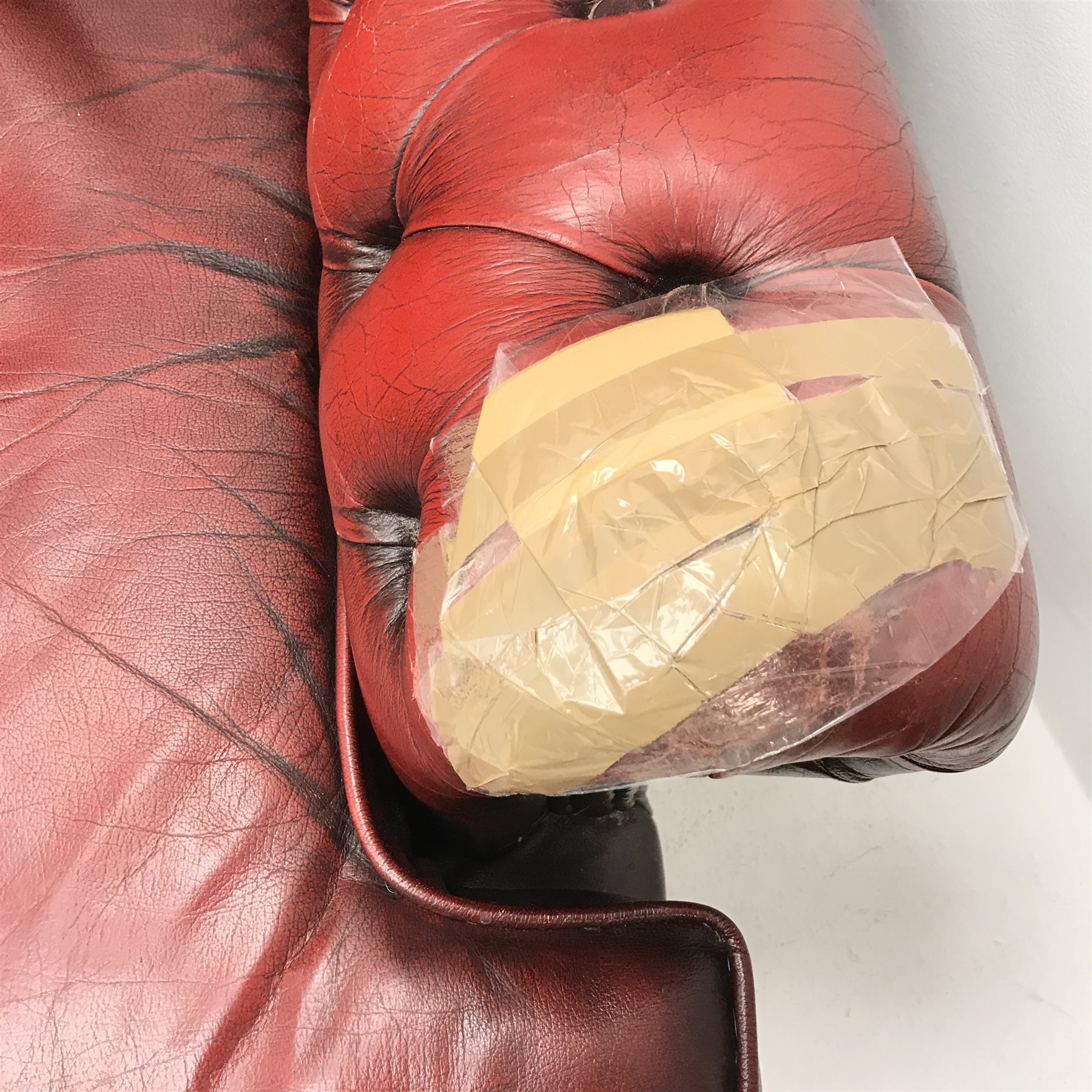 Georgian style three seat sofa upholstered in deep buttoned vintage red leather (W175cm) and pair of - Image 4 of 10