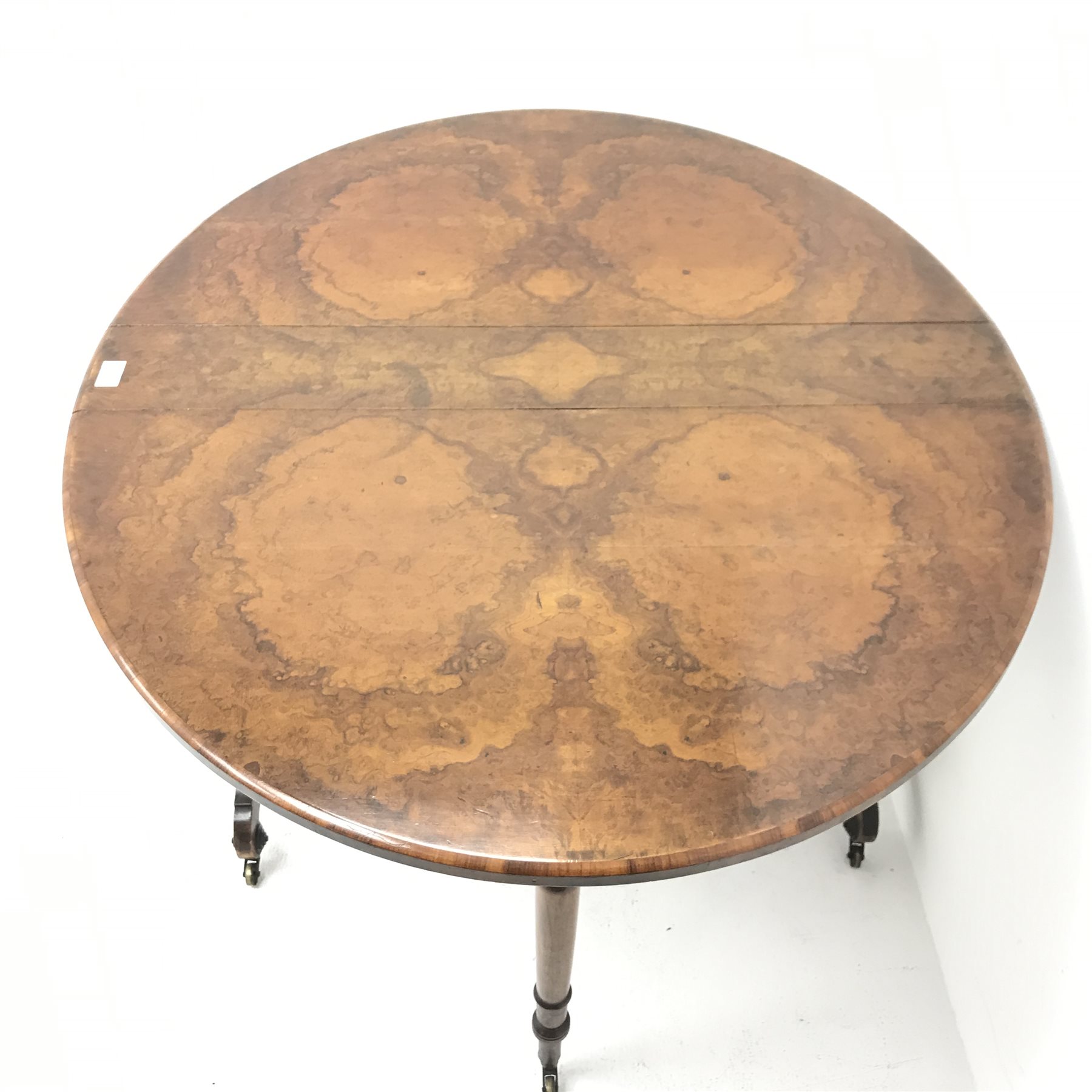 19th century walnut drop leaf table, moulded top, carved and pierced supports, W112cm, H72cm, D91cm - Image 3 of 5