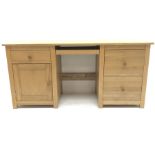 Light ash twin pedestal office desk, single slide, three graduating drawers, single cupboard, stile