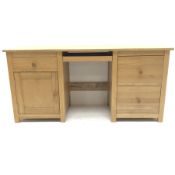 Light ash twin pedestal office desk, single slide, three graduating drawers, single cupboard, stile