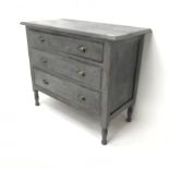 Early 20th century painted chest, three drawers, turned supports, W91cm, H76cm, D45cm