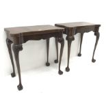 Pair 20th century inlaid mahogany card tables, inset green baize interior, carved cabriole legs on c